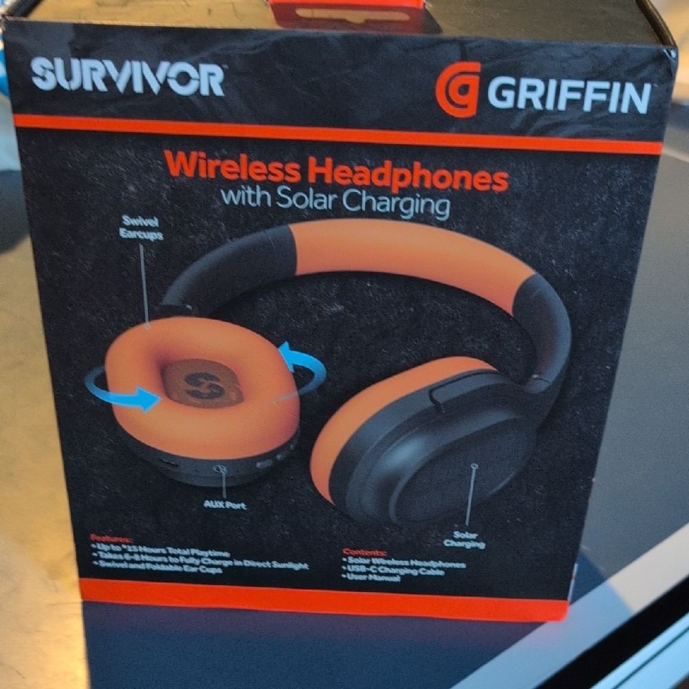 Griffin Solar Charging Wireless Headphones - Black and Orange NWT.